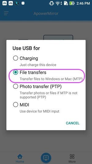 下拉通知栏切换 MTP 模式