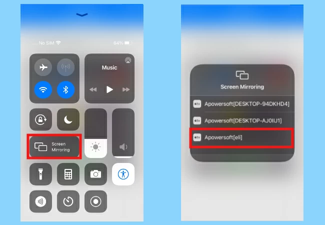 iOS 控制中心选择 Apowersoft 设备